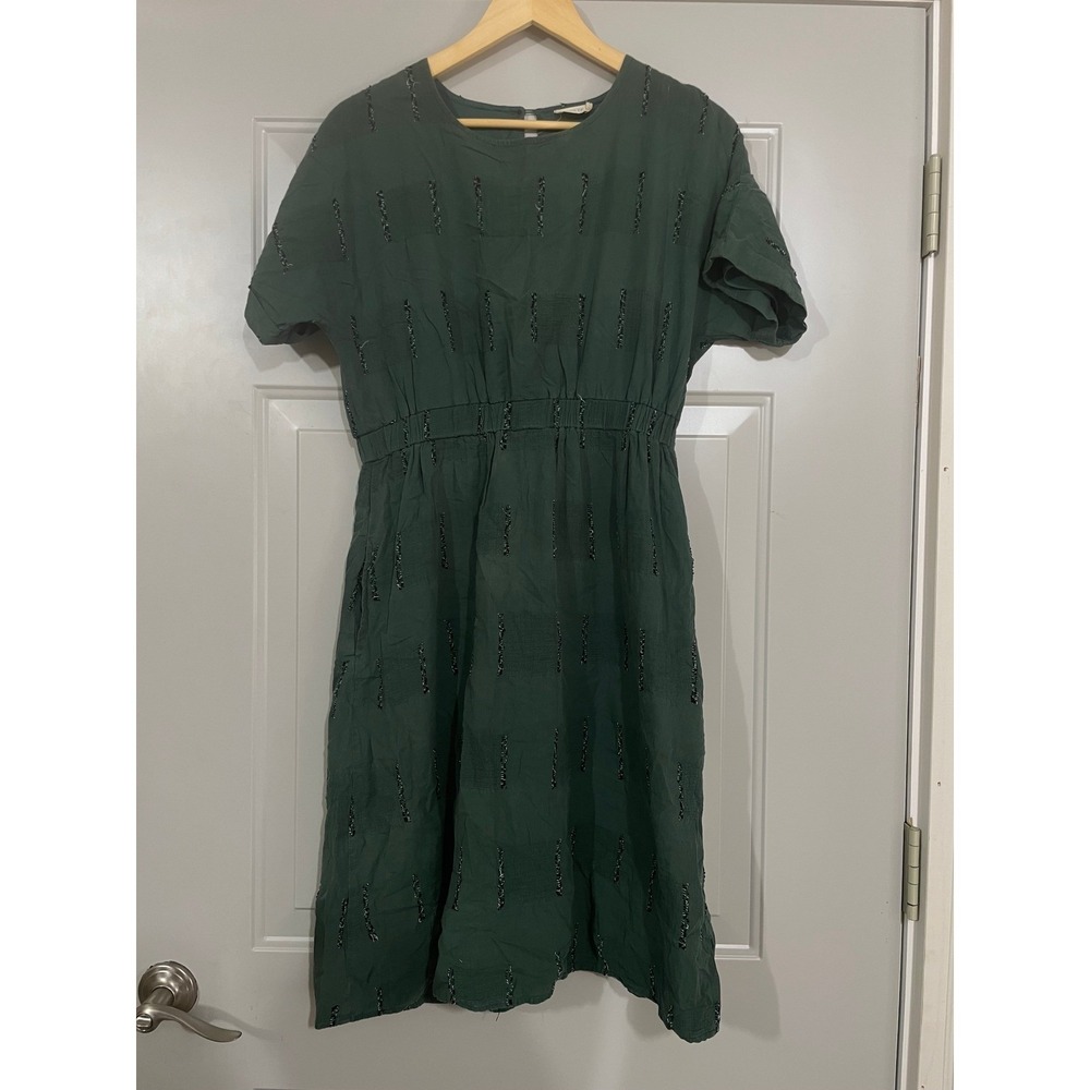 Roolee Midi Dress Womens Medium Green Excellent Textured Stripe RID549 Pocketed‎